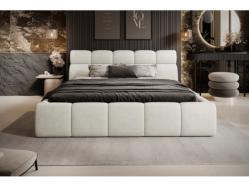 Gestoffeerd bed GIULIA, comfortabel, met opbergruimte, verstelbaar hoofdbord en LED, 160x200x96 cm, kleur: Crème