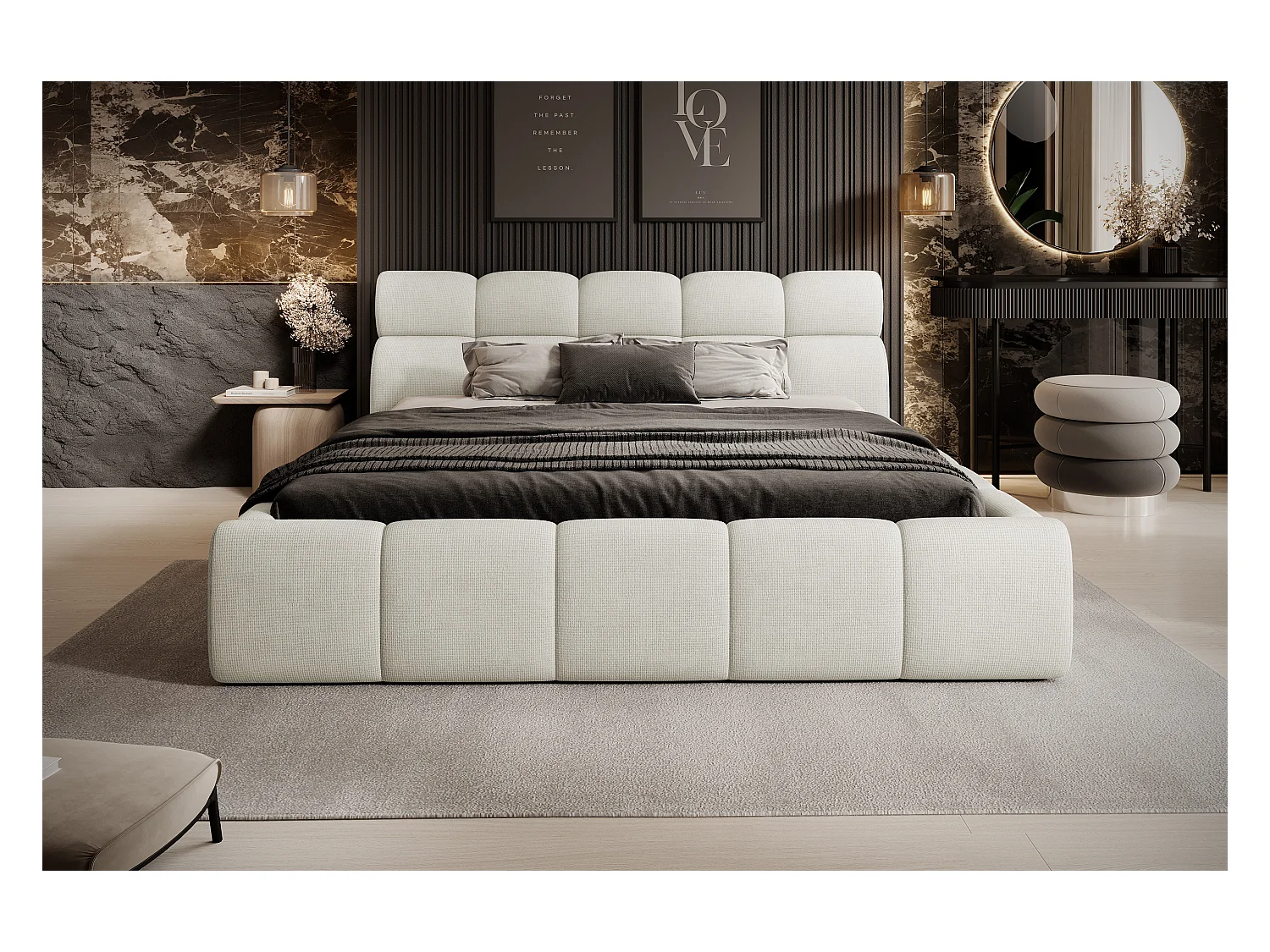 Łóżko tapicerowane GIULIA, komfortowe, z pojemnikiem na pościel, regulowanym wezgłowiem i LED, 160x200x96 cm, kolor: kremowy