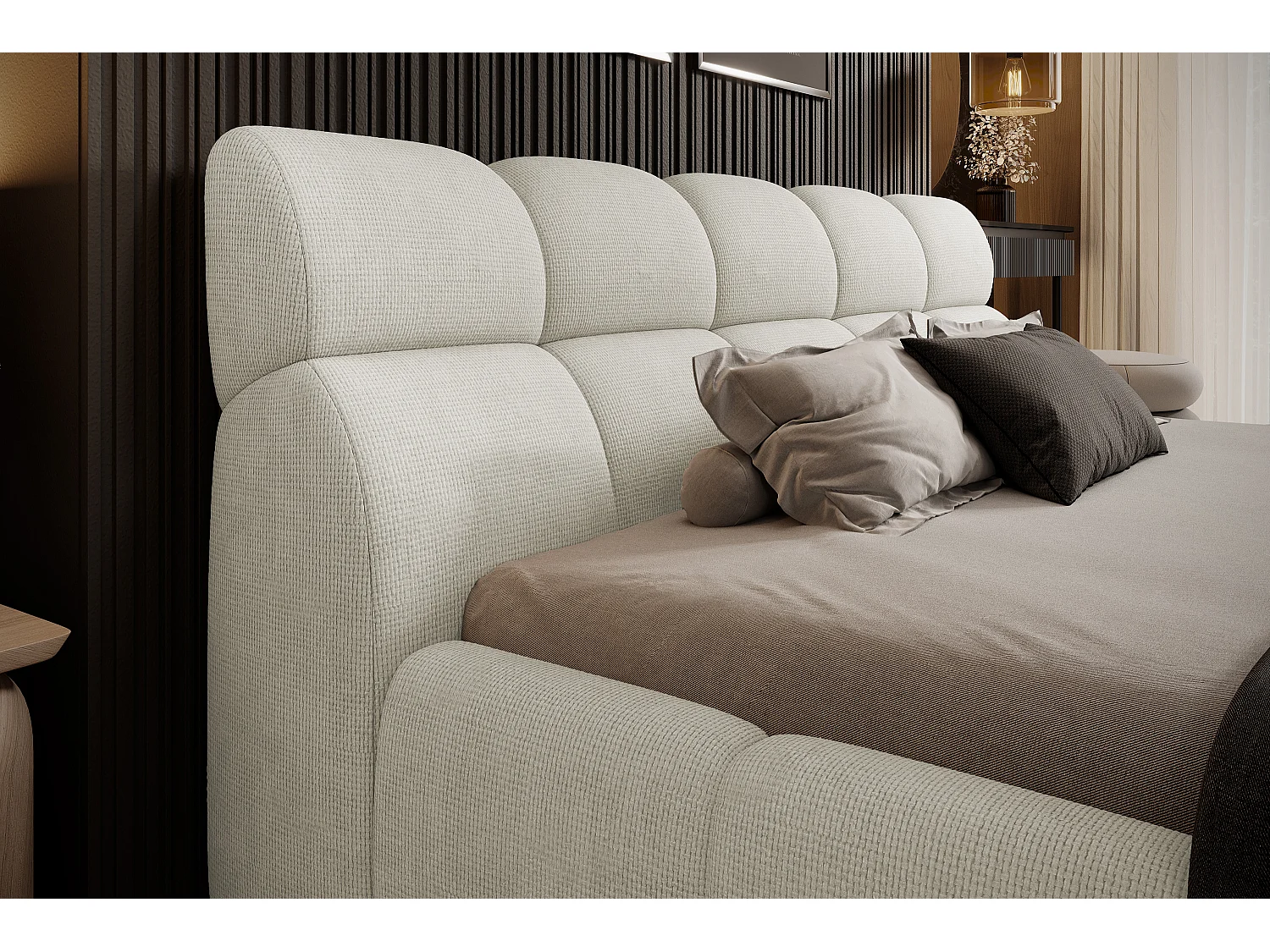 Gestoffeerd bed GIULIA, comfortabel, met opbergruimte, verstelbaar hoofdbord en LED, 160x200x96 cm, kleur: Crème