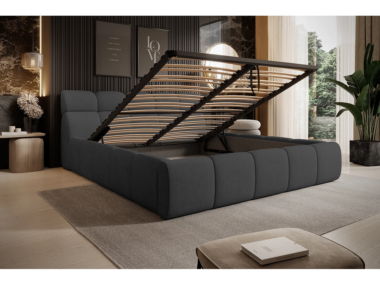 Łóżko tapicerowane GIULIA, komfortowe, z pojemnikiem na pościel, regulowanym wezgłowiem i LED, 140x200x96 cm, kolor: grafitowy
