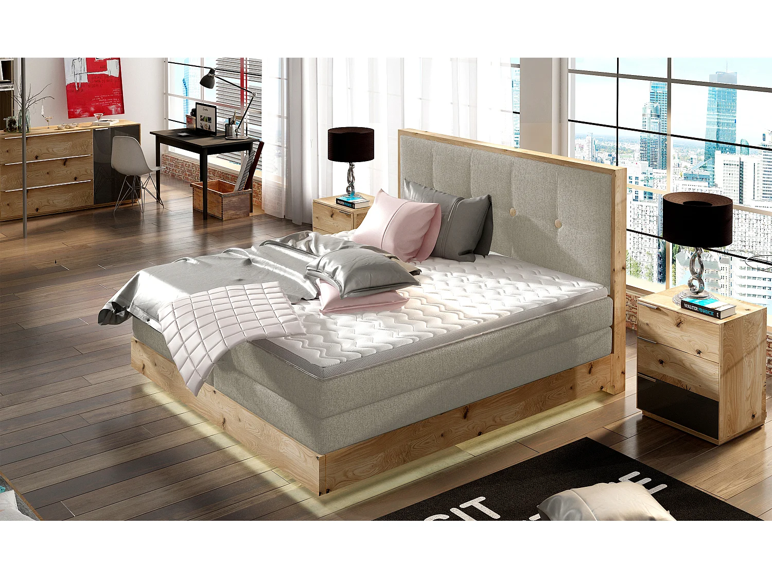 Łóżko Boxspring z litego drewna ze zintegrowanym pojemnikiem na materac i wezgłowiem - Model ETNO lite drewno Premium Comfort 160x200 cm Jesion