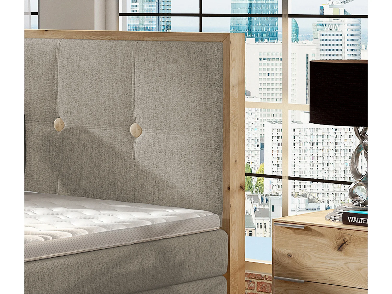 Łóżko Boxspring z litego drewna ze zintegrowanym pojemnikiem na materac i wezgłowiem - Model ETNO lite drewno Premium Comfort 160x200 cm Jesion