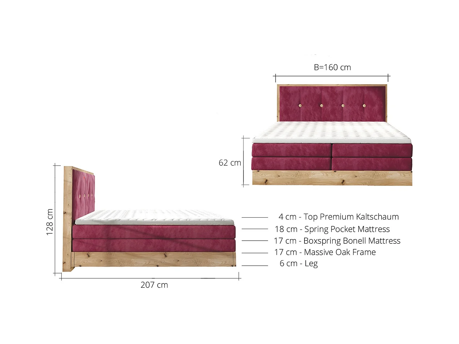 Lit Boxspring Massif avec Coffre Intégré, Surmatelas et Tête de Lit - Modèle ETNO, Bois Massif, Confort Premium, 160x200 cm, Frêne