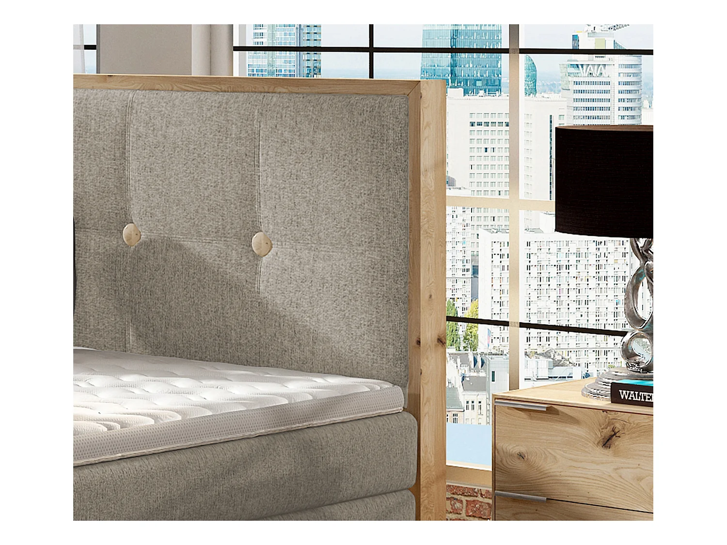 Lit Boxspring Massif avec Coffre Intégré, Surmatelas et Tête de Lit - Modèle ETNO, Bois Massif, Confort Premium, 160x200 cm, Frêne