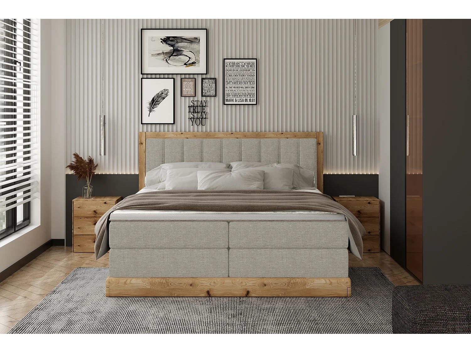 Lit rembourré élégant ALMA – Design fonctionnel en bois de chêne, noyau de ressorts ensachés 7 zones, 160x200 cm – Couleur : Frêne