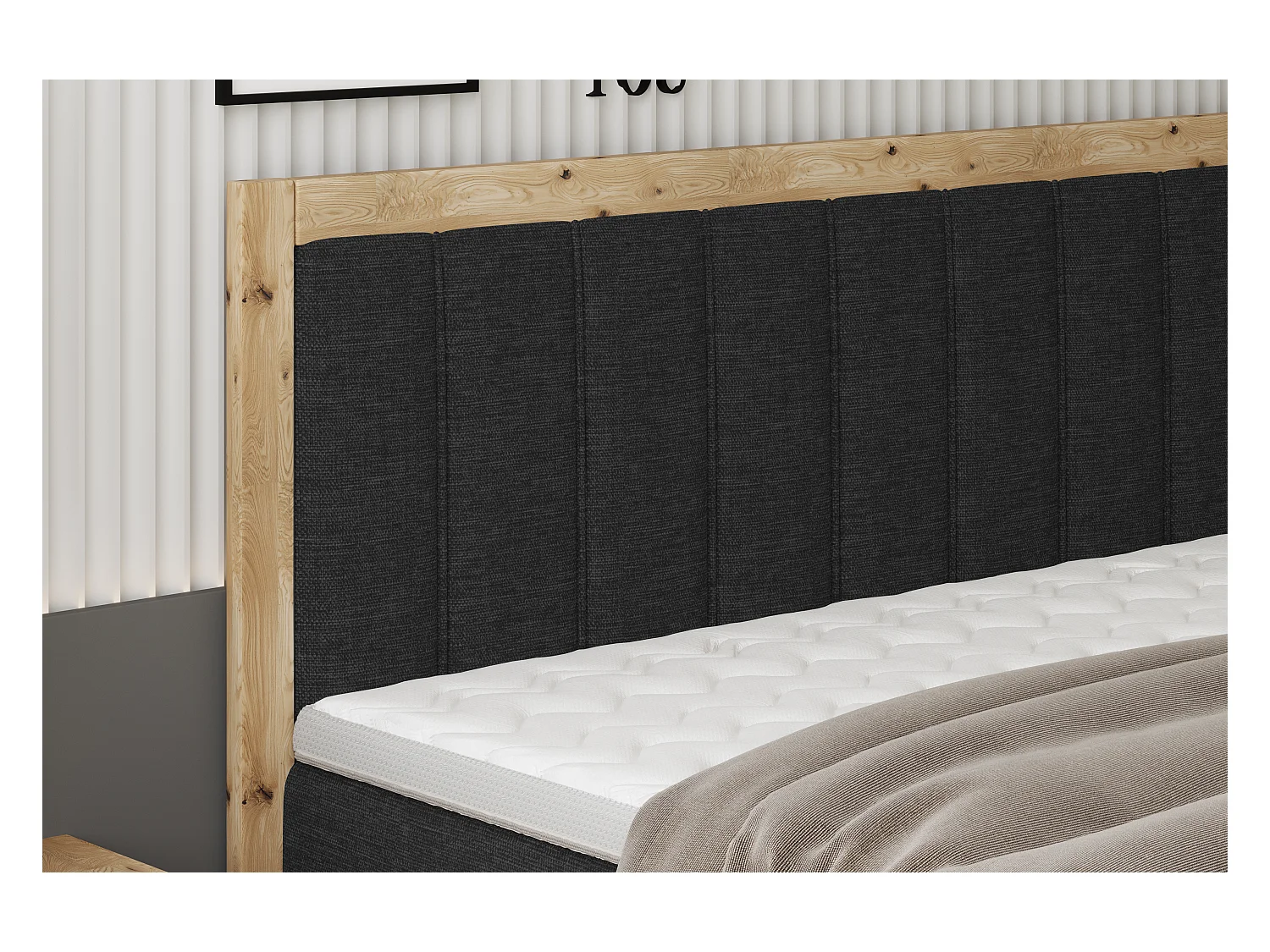 Lit continental rembourré ALMA – Matériaux exquis MDF et chêne, surface confortable, 160x200 cm – Couleur : Noir