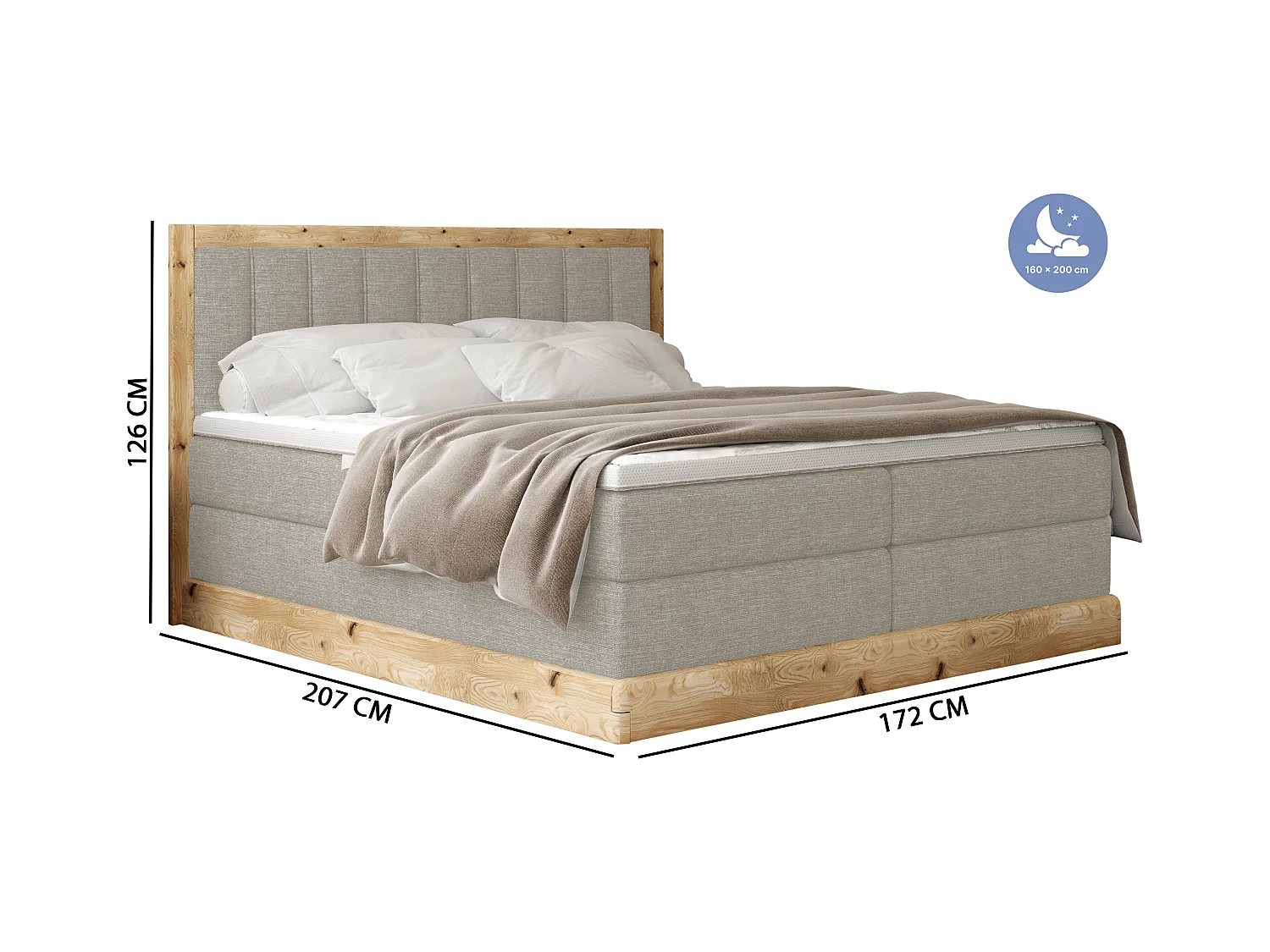 Lit continental rembourré ALMA – Matériaux exquis MDF et chêne, surface confortable, 160x200 cm – Couleur : Noir