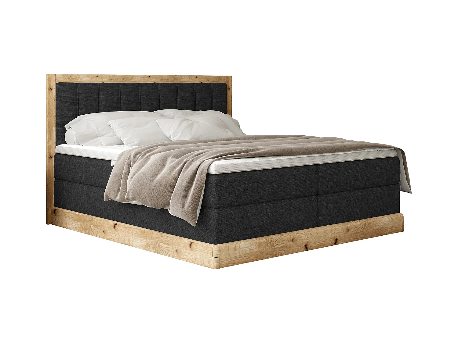 Lit continental rembourré ALMA – Matériaux exquis MDF et chêne, surface confortable, 160x200 cm – Couleur : Noir