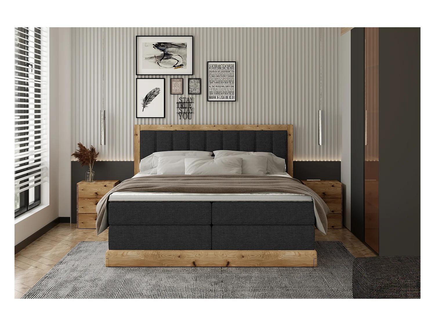 Lit continental rembourré ALMA – Matériaux exquis MDF et chêne, surface confortable, 160x200 cm – Couleur : Noir