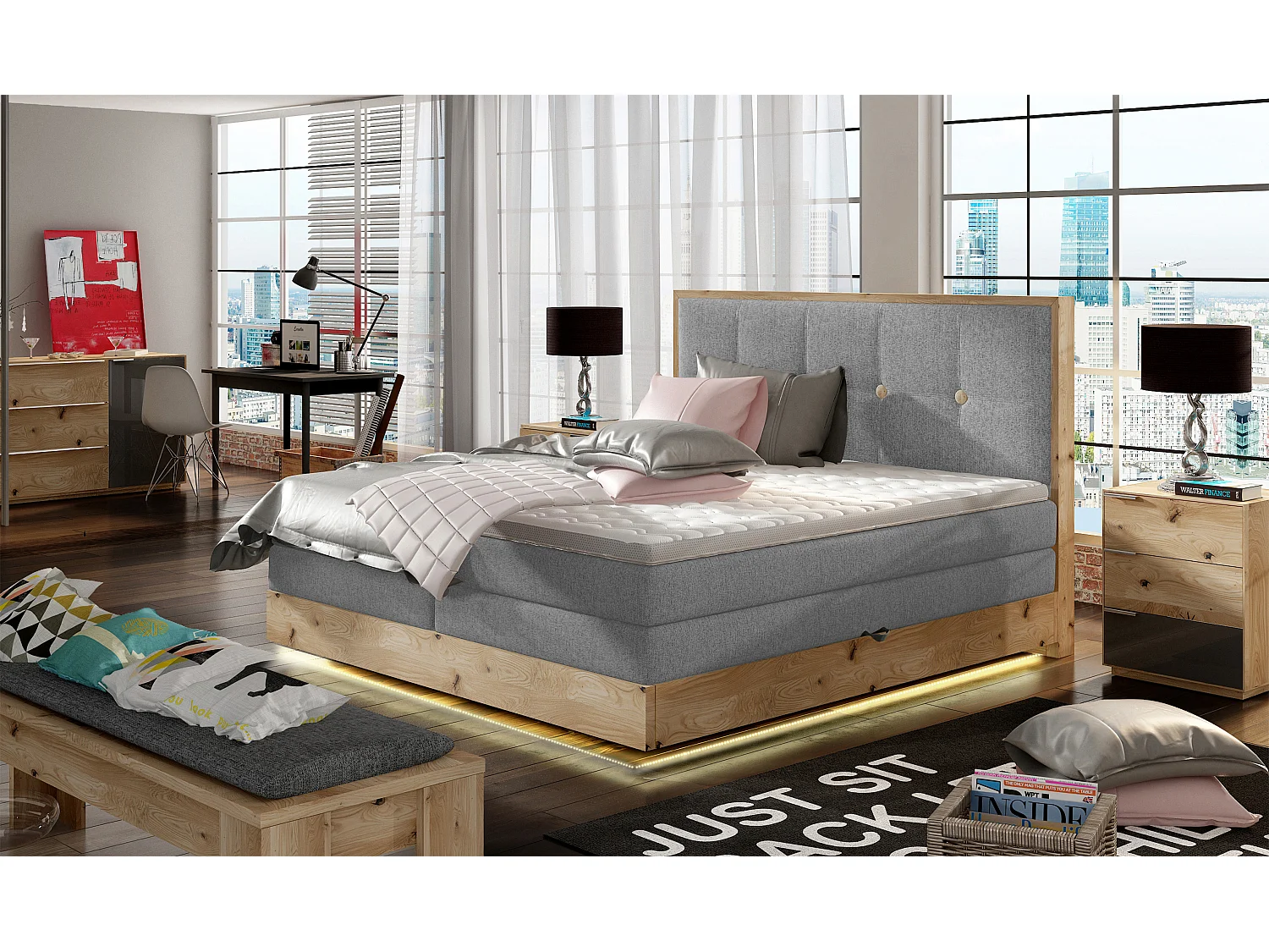 Lit Boxspring Massif avec Coffre Intégré, Surmatelas et Tête de Lit - Modèle ETNO, Bois Massif, Confort Premium, 160x200 cm, Gris clair