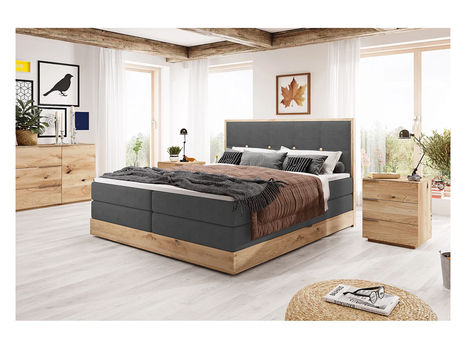 Lit coffre ELLI avec tête de lit élégante, rangements spacieux et design moderne, Taille: 140x200 cm, Couleur: Graphite