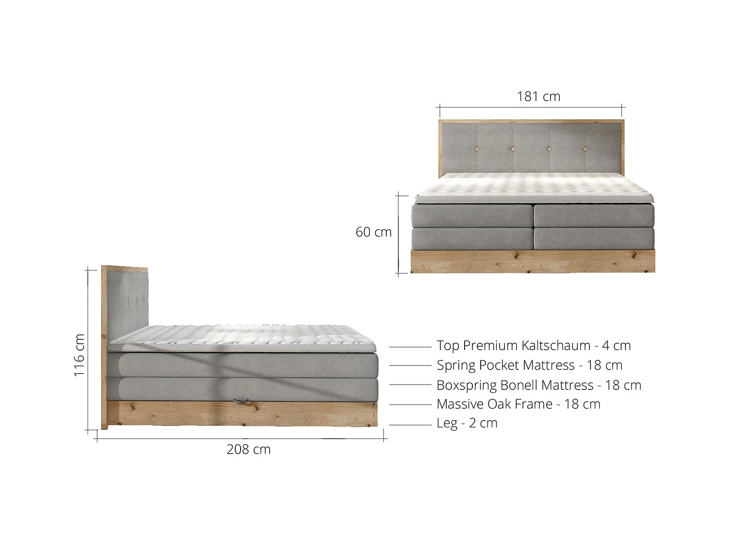 Lit coffre ELLI avec tête de lit élégante, rangements spacieux et design moderne, Taille: 180x200 cm, Couleur: Gris foncé