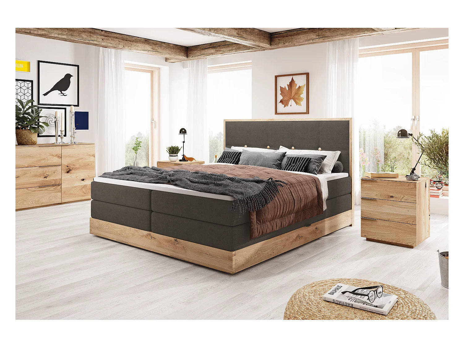 Lit coffre ELLI avec tête de lit élégante, rangements spacieux et design moderne, Taille: 180x200 cm, Couleur: Gris foncé