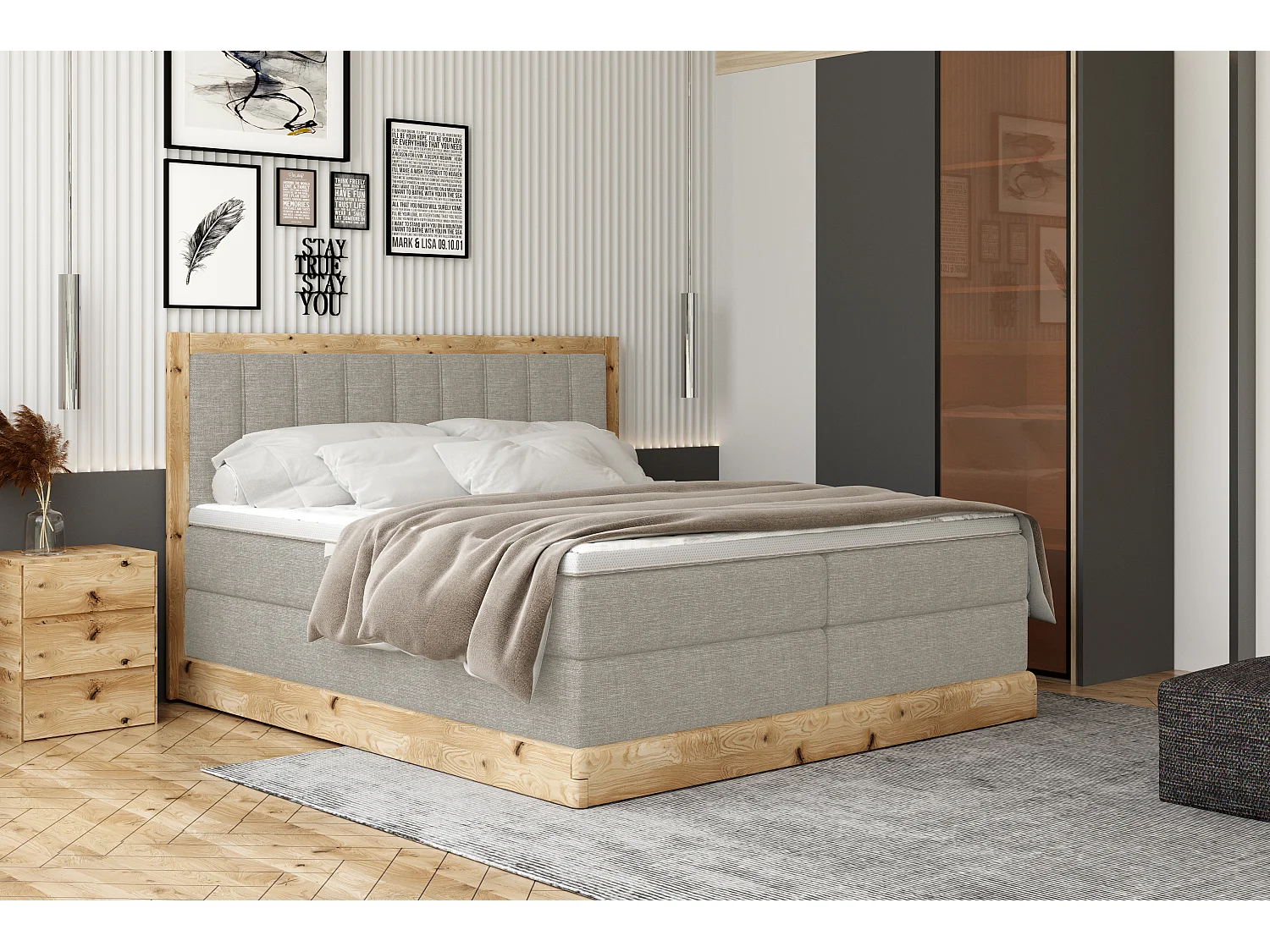 Gepolsterd Continentalbed ALMA – Elegante ontwerp van eikenhout, hoogwaardige Bonnell-matras, hoogte 65 cm, 140x200 cm – Kleur: Essen