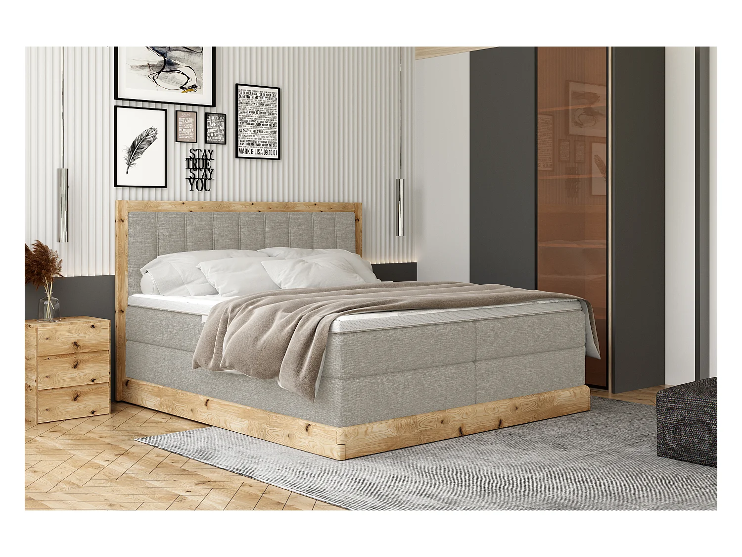 Lit continental rembourré ALMA – Design élégant en bois de chêne, matelas Bonnell de haute qualité, hauteur 65 cm, 140x200 cm – Couleur : Frêne