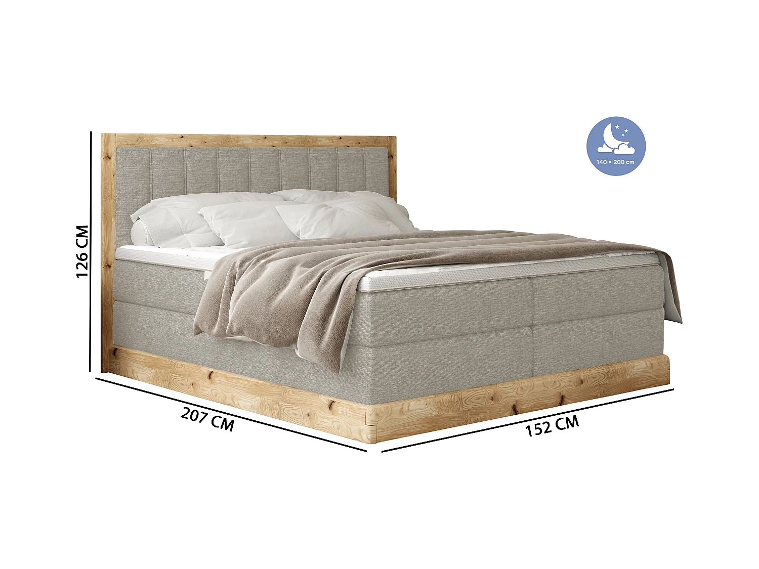 Lit continental rembourré ALMA – Design élégant en bois de chêne, matelas Bonnell de haute qualité, hauteur 65 cm, 140x200 cm – Couleur : Frêne