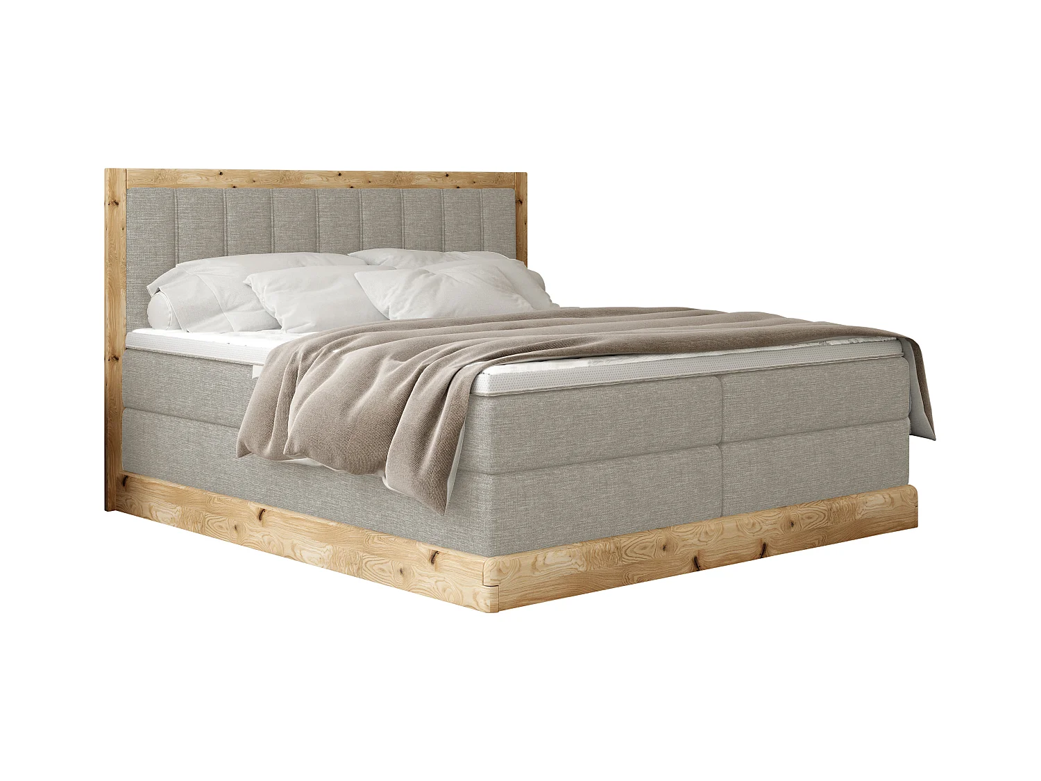 Lit continental rembourré ALMA – Design élégant en bois de chêne, matelas Bonnell de haute qualité, hauteur 65 cm, 140x200 cm – Couleur : Frêne