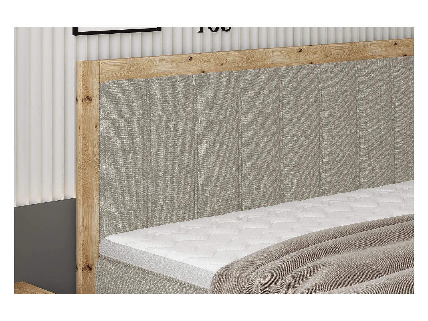 Lit continental rembourré ALMA – Design élégant en bois de chêne, matelas Bonnell de haute qualité, hauteur 65 cm, 140x200 cm – Couleur : Frêne