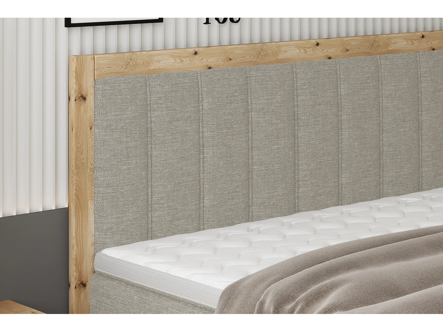 Lit continental rembourré ALMA – Design élégant en bois de chêne, matelas Bonnell de haute qualité, hauteur 65 cm, 140x200 cm – Couleur : Frêne