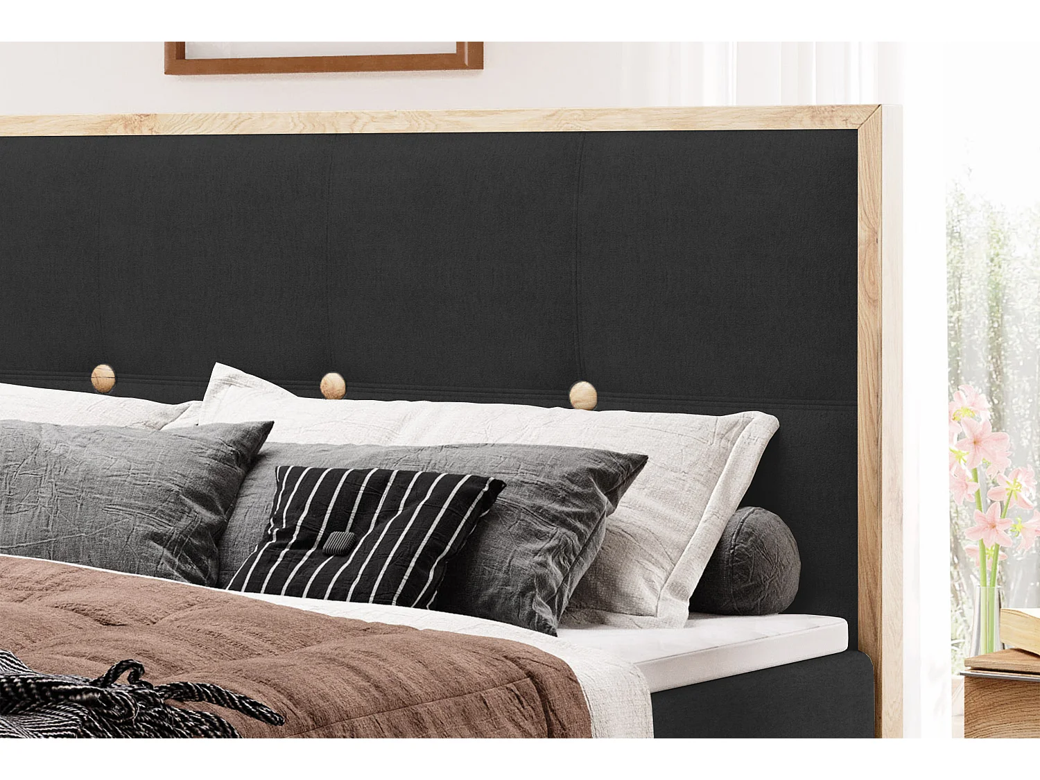 Łóżko skrzyniowe ELLI z eleganckim wezgłowiem, pojemnym schowkiem i nowoczesnym designem, Rozmiar: 140x200 cm, Kolor: Czarny