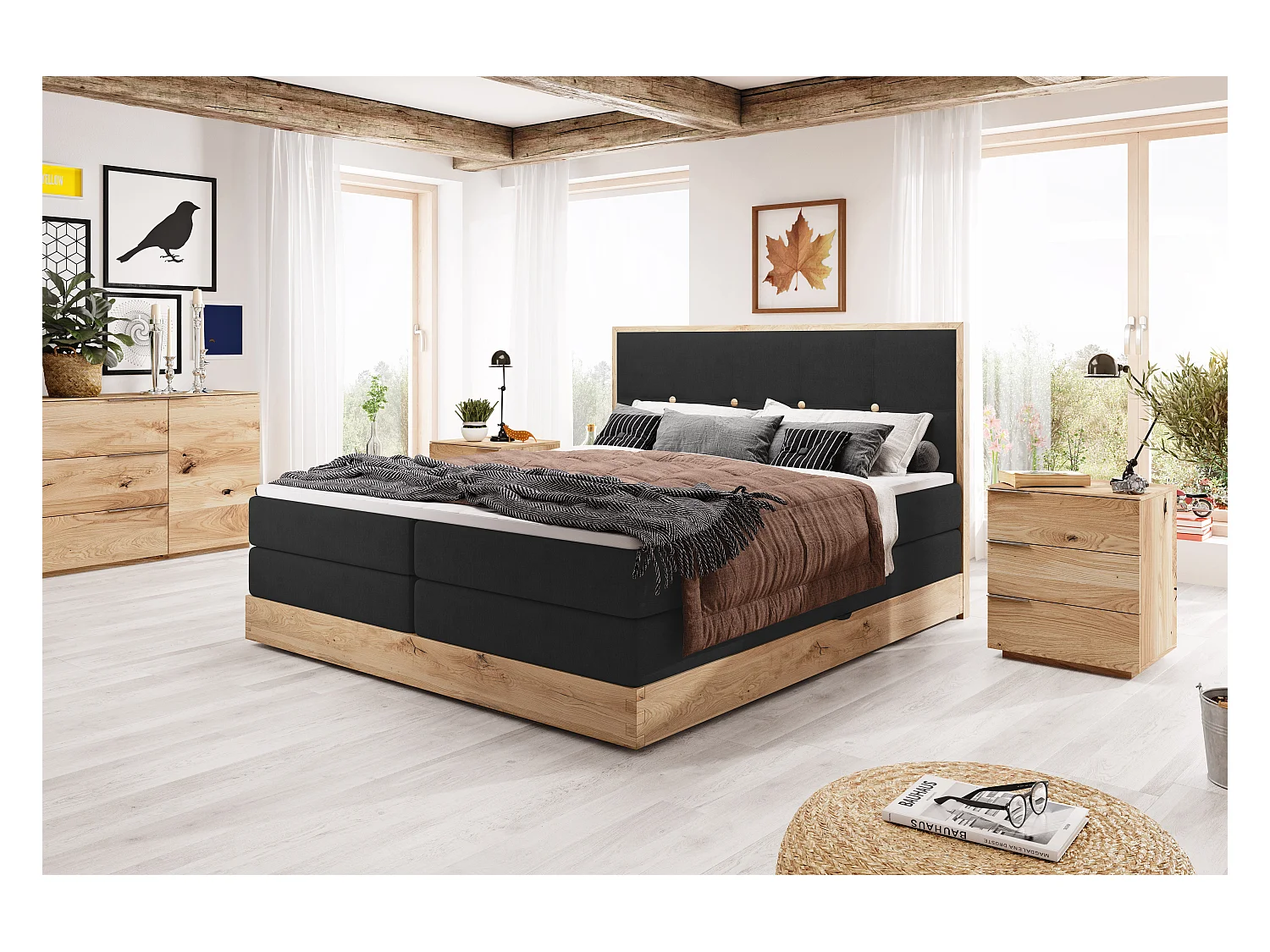 Lit coffre ELLI avec tête de lit élégante, rangements spacieux et design moderne, Taille: 140x200 cm, Couleur: Noir