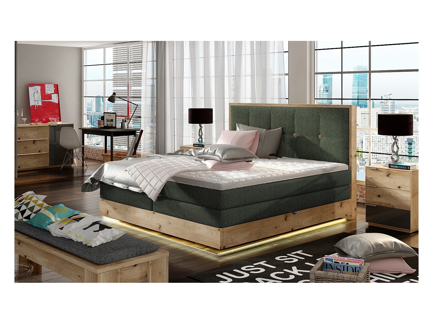Lit Boxspring Massif avec Coffre Intégré, Surmatelas et Tête de Lit - Modèle ETNO, Bois Massif, Confort Premium, 160x200 cm, Vert