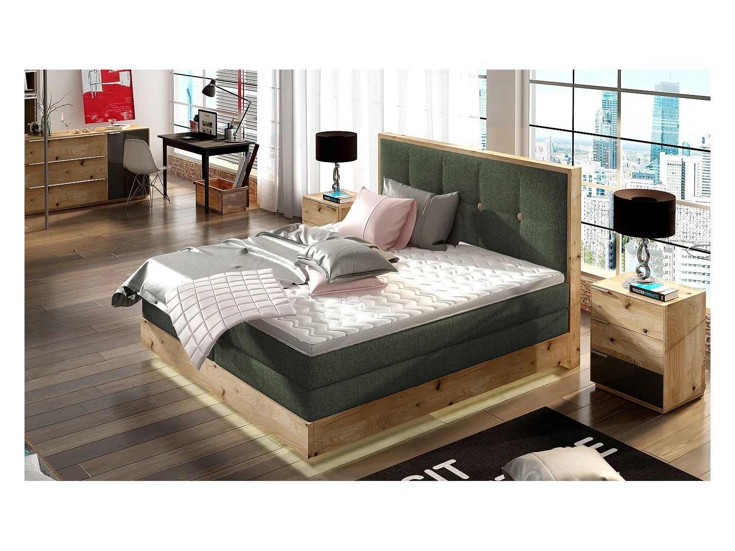 Lit Boxspring Massif avec Coffre Intégré, Surmatelas et Tête de Lit - Modèle ETNO, Bois Massif, Confort Premium, 160x200 cm, Vert
