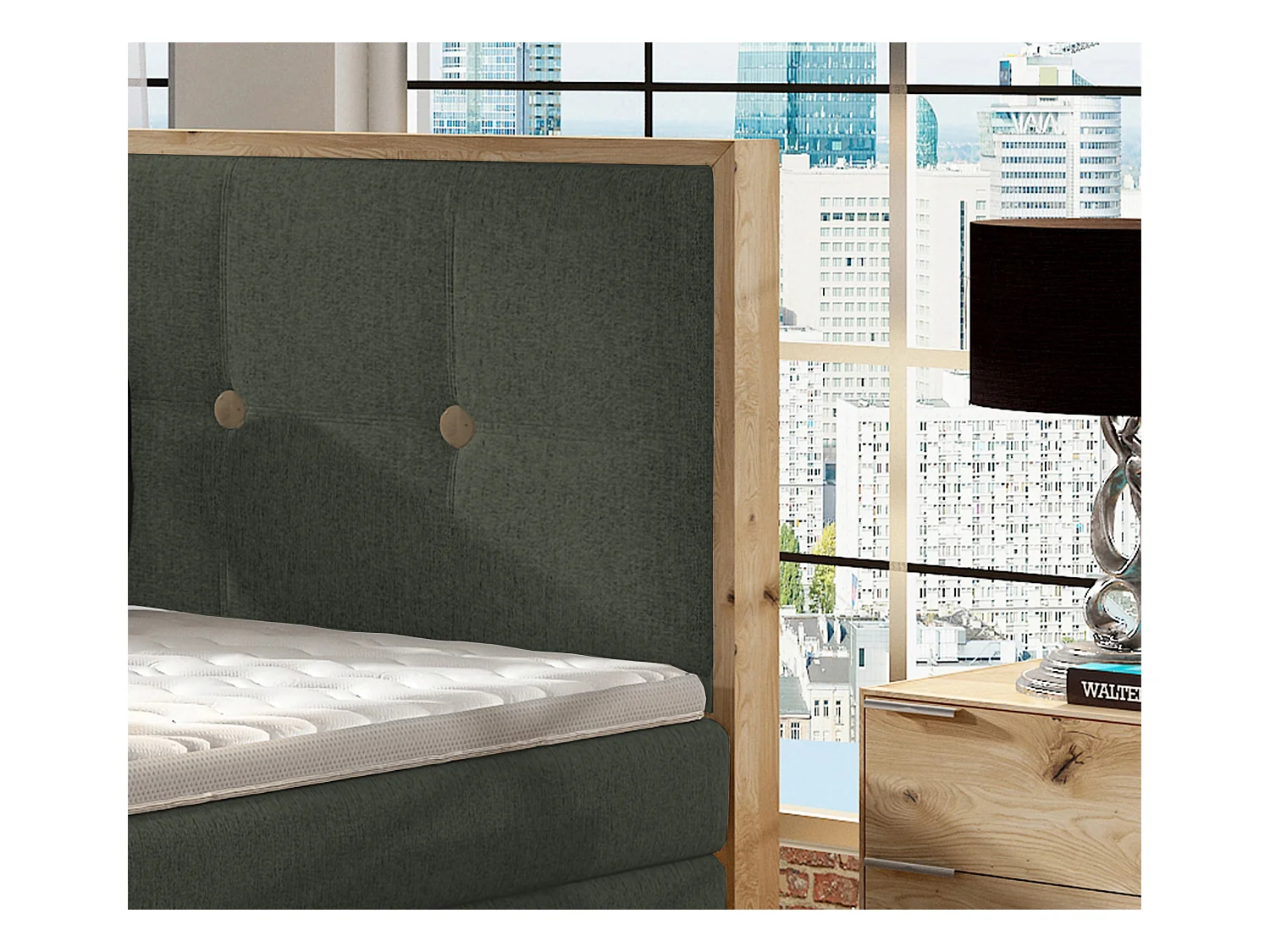 Lit Boxspring Massif avec Coffre Intégré, Surmatelas et Tête de Lit - Modèle ETNO, Bois Massif, Confort Premium, 160x200 cm, Vert