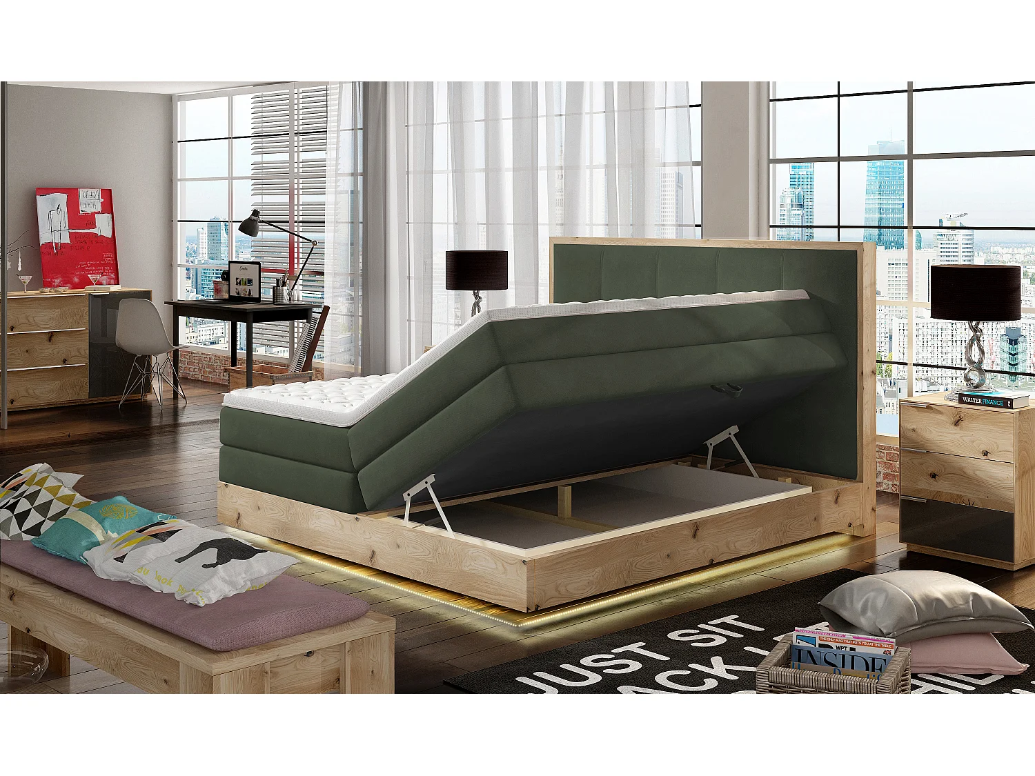 Lit Boxspring Massif avec Coffre Intégré, Surmatelas et Tête de Lit - Modèle ETNO, Bois Massif, Confort Premium, 160x200 cm, Vert