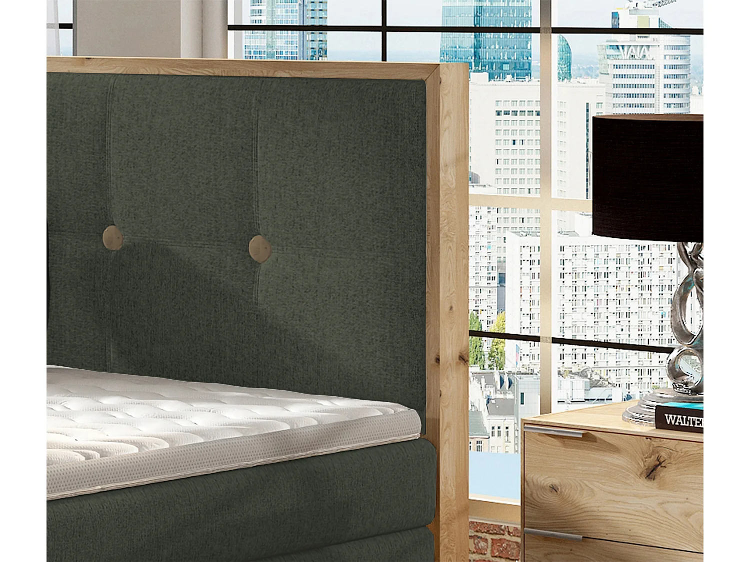 Lit Boxspring Massif avec Coffre Intégré, Surmatelas et Tête de Lit - Modèle ETNO, Bois Massif, Confort Premium, 160x200 cm, Vert