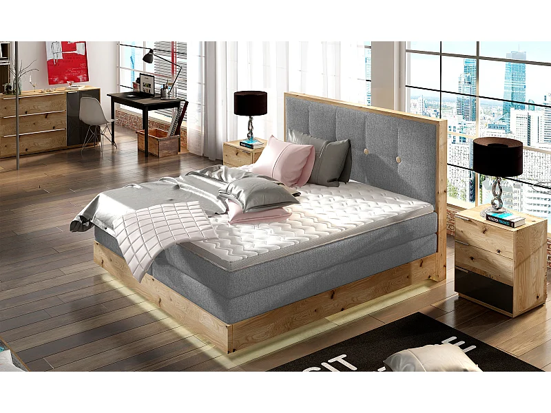 Boxspringbett Massiv mit Bettkasten, Matratzenauflage und Kopfteil - Modell ETNO, Holz Massiv, Komfort Premium, 180x200 cm, Hellgrau