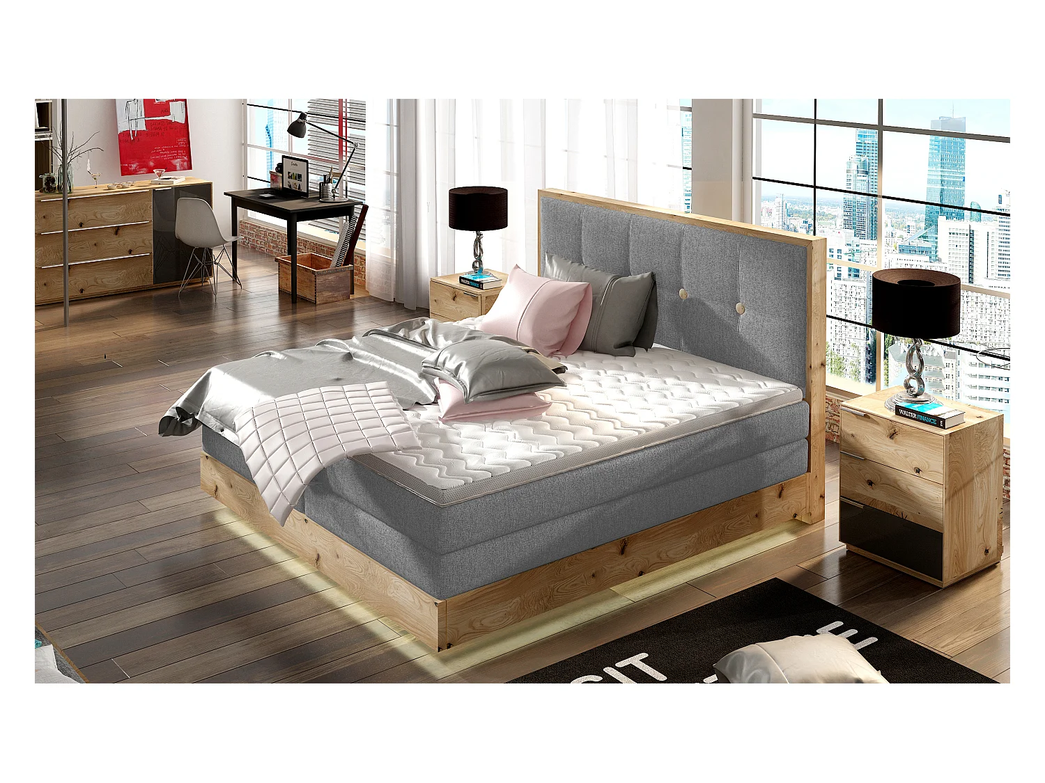 Lit Boxspring Massif avec Coffre Intégré, Surmatelas et Tête de Lit - Modèle ETNO, Bois Massif, Confort Premium, 180x200 cm, Gris clair