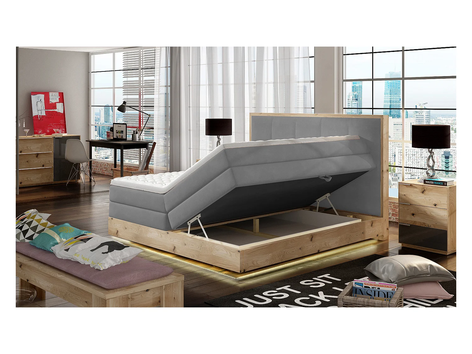 Lit Boxspring Massif avec Coffre Intégré, Surmatelas et Tête de Lit - Modèle ETNO, Bois Massif, Confort Premium, 180x200 cm, Gris clair