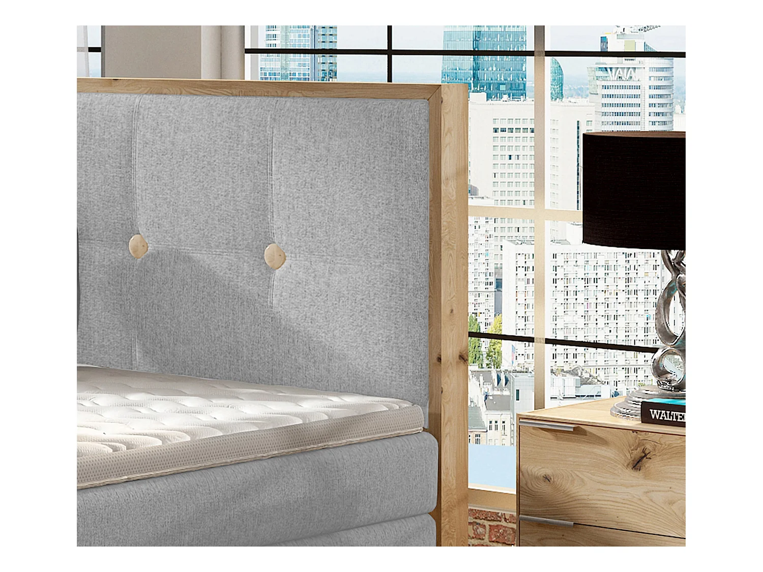 Lit Boxspring Massif avec Coffre Intégré, Surmatelas et Tête de Lit - Modèle ETNO, Bois Massif, Confort Premium, 180x200 cm, Gris clair