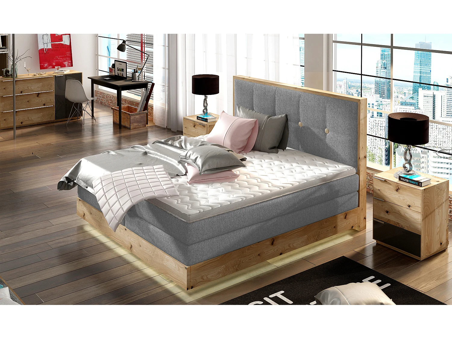 Lit Boxspring Massif avec Coffre Intégré, Surmatelas et Tête de Lit - Modèle ETNO, Bois Massif, Confort Premium, 180x200 cm, Gris clair