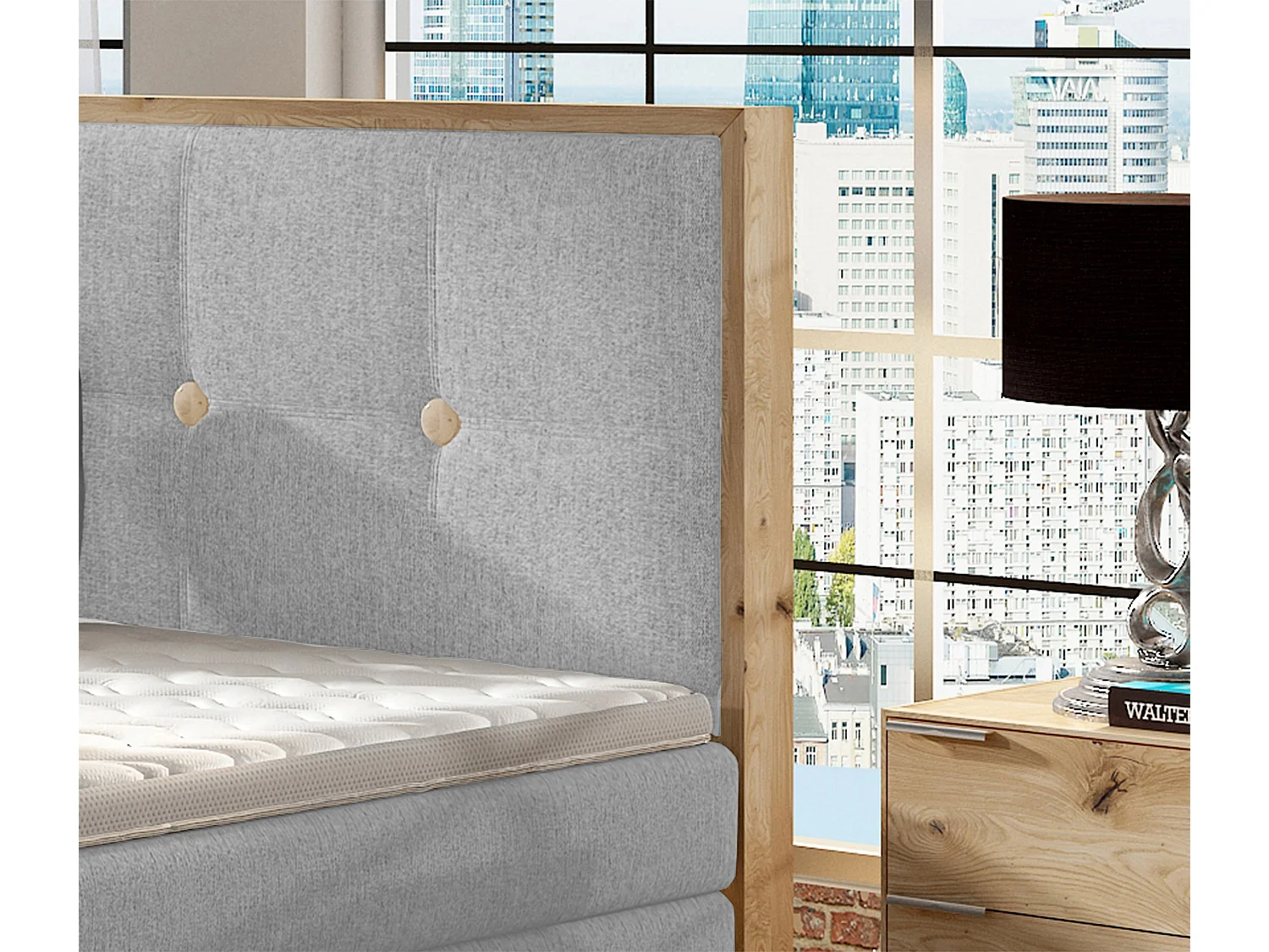 Lit Boxspring Massif avec Coffre Intégré, Surmatelas et Tête de Lit - Modèle ETNO, Bois Massif, Confort Premium, 180x200 cm, Gris clair