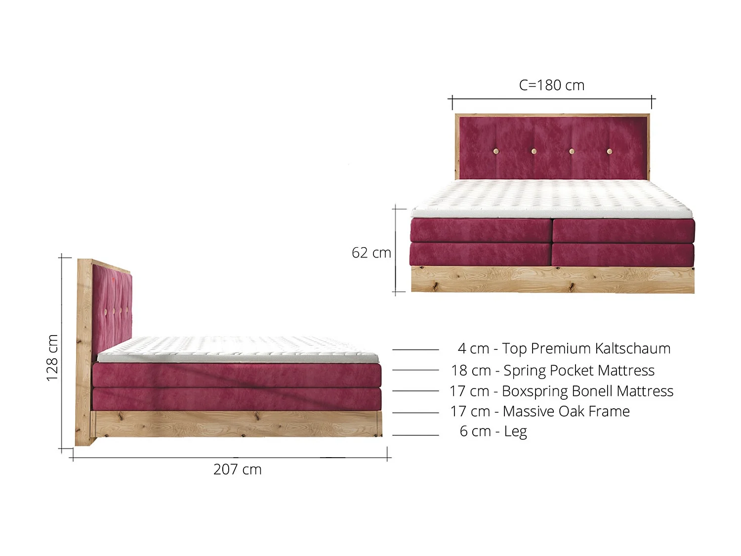 Lit Boxspring Massif avec Coffre Intégré, Surmatelas et Tête de Lit - Modèle ETNO, Bois Massif, Confort Premium, 180x200 cm, Gris clair