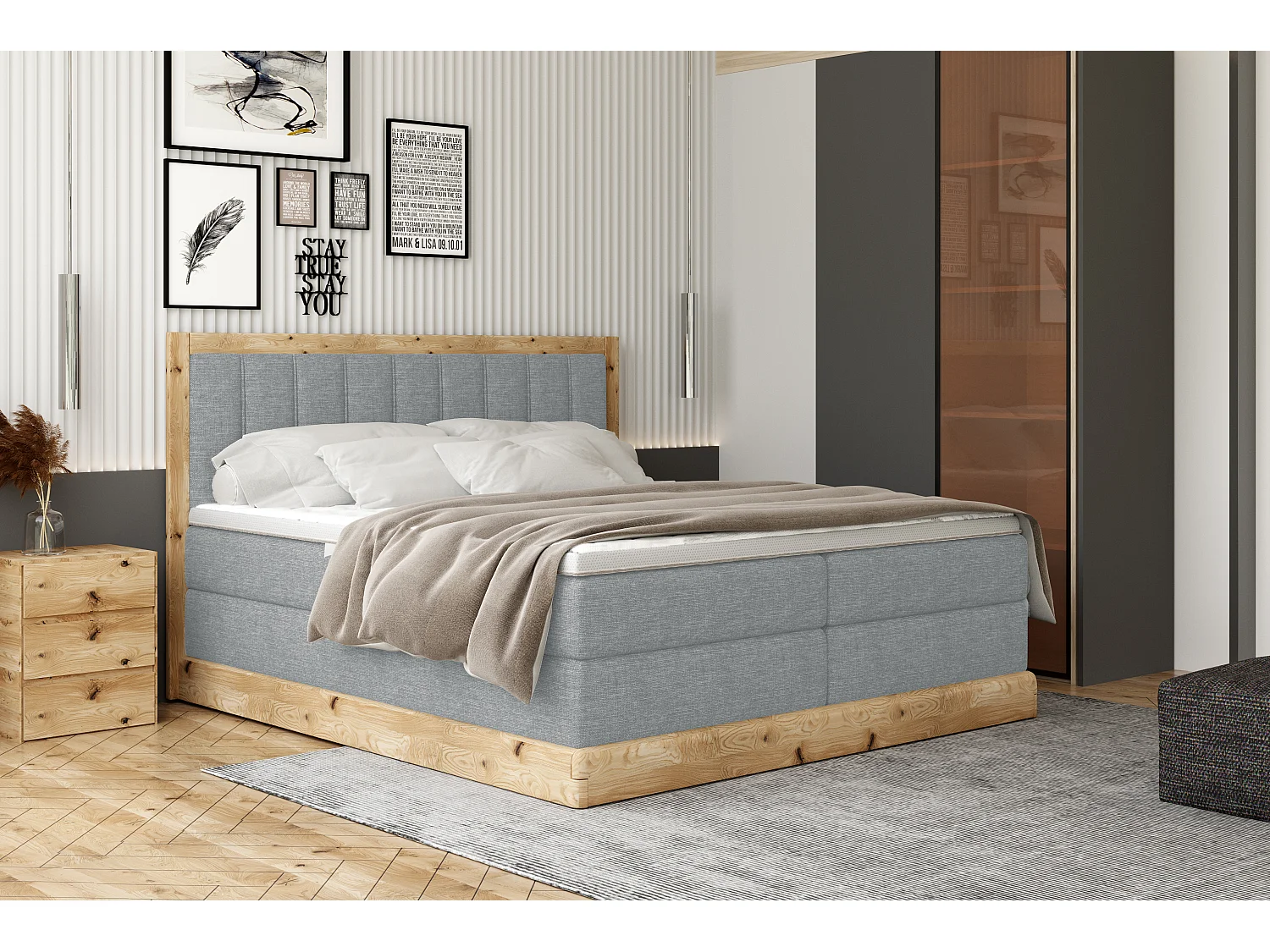 Gepolsterd Continentalbed ALMA – Exquise materialen van MDF en eikenhout, comfortabele oppervlakte, 160x200 cm – Kleur: Lichtgrijs