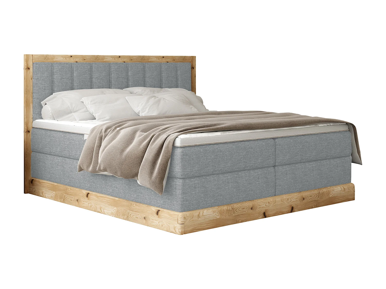 Lit continental rembourré ALMA – Matériaux exquis MDF et chêne, surface confortable, 160x200 cm – Couleur : Gris clair