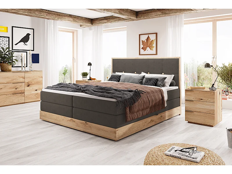 Bettkasten ELLI mit elegantem Kopfteil, geräumigem Stauraum und modernem Design, Größe: 140x200 cm, Farbe: Dunkelgrau