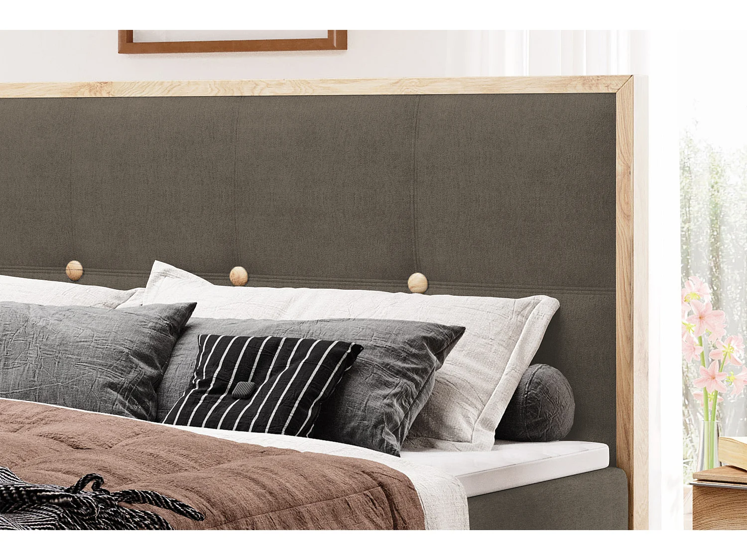 Lit coffre ELLI avec tête de lit élégante, rangements spacieux et design moderne, Taille: 140x200 cm, Couleur: Gris foncé