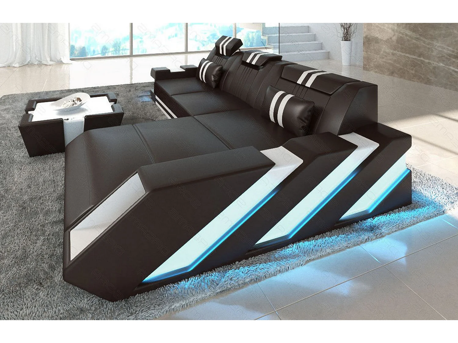 Leder Ecksofa Apollonia L Form Ledermix Echt/Kunstleder Dunkelbraun Weiß Rechts