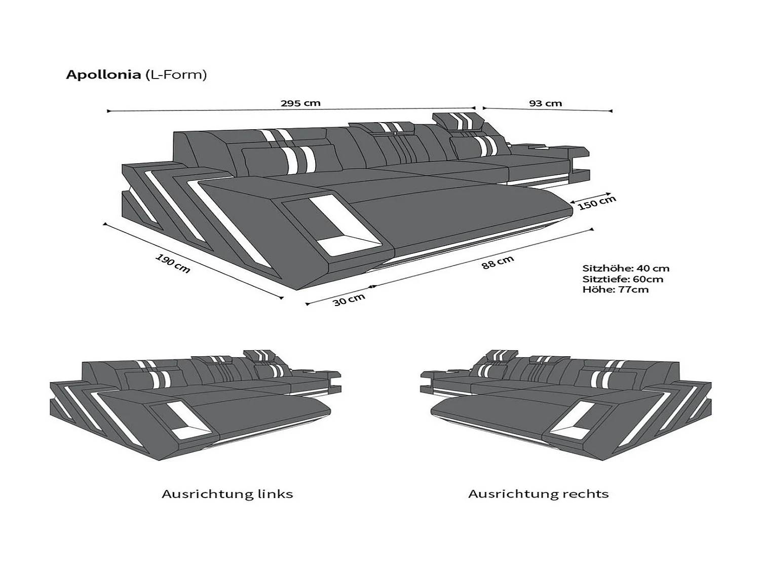 Leder Ecksofa Apollonia L Form Ledermix Echt/Kunstleder Dunkelbraun Weiß Rechts