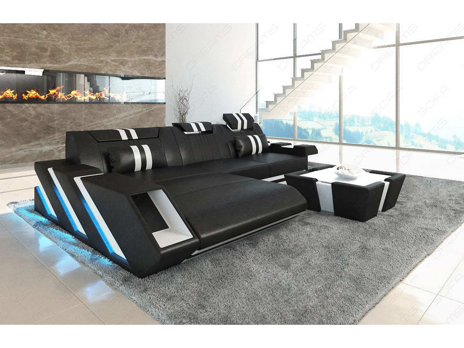 Leder Ecksofa Apollonia L Form Ledermix Echt/Kunstleder Schwarz Weiß Links