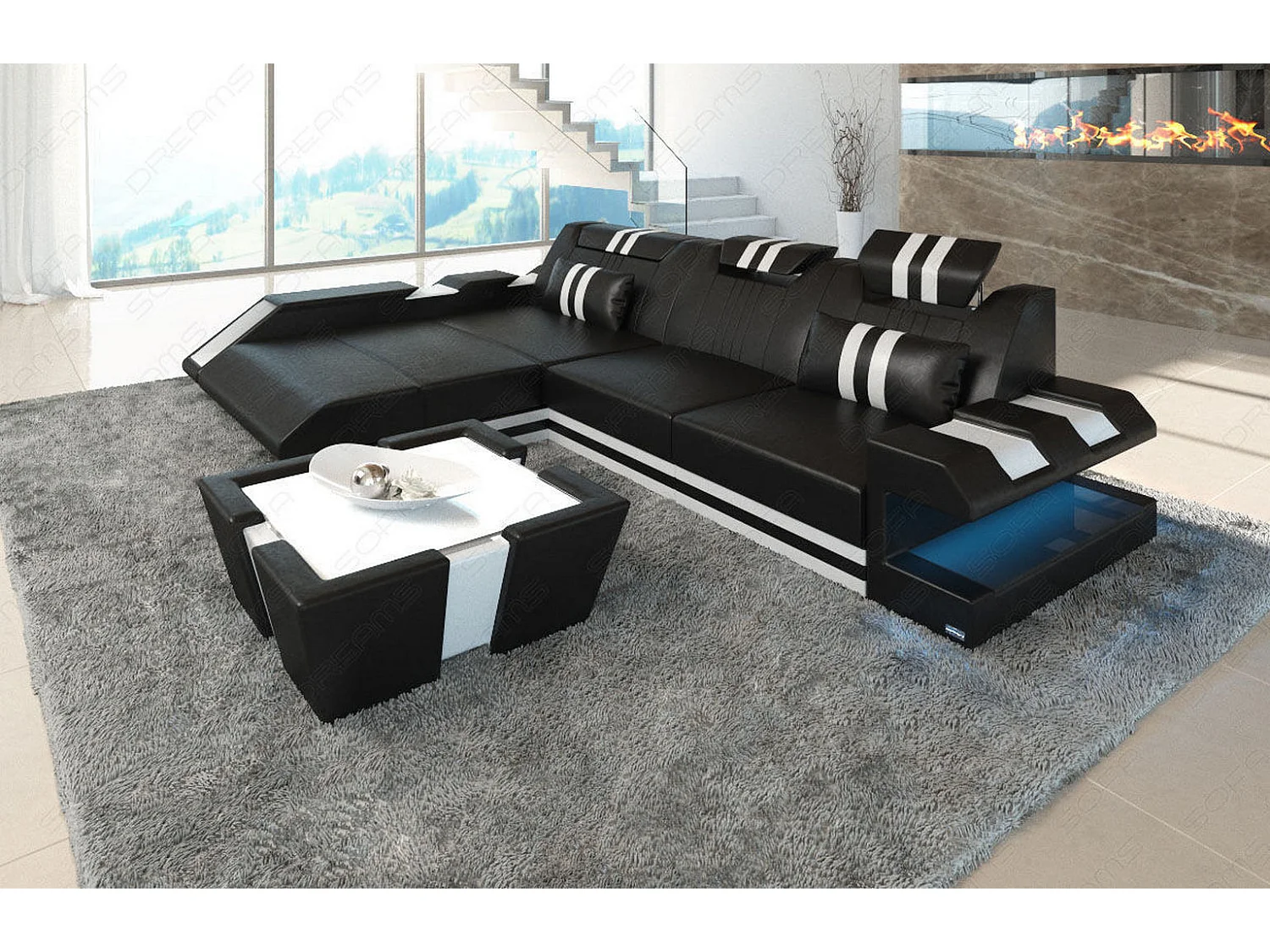 Leder Ecksofa Apollonia L Form Ledermix Echt/Kunstleder Schwarz Weiß Links