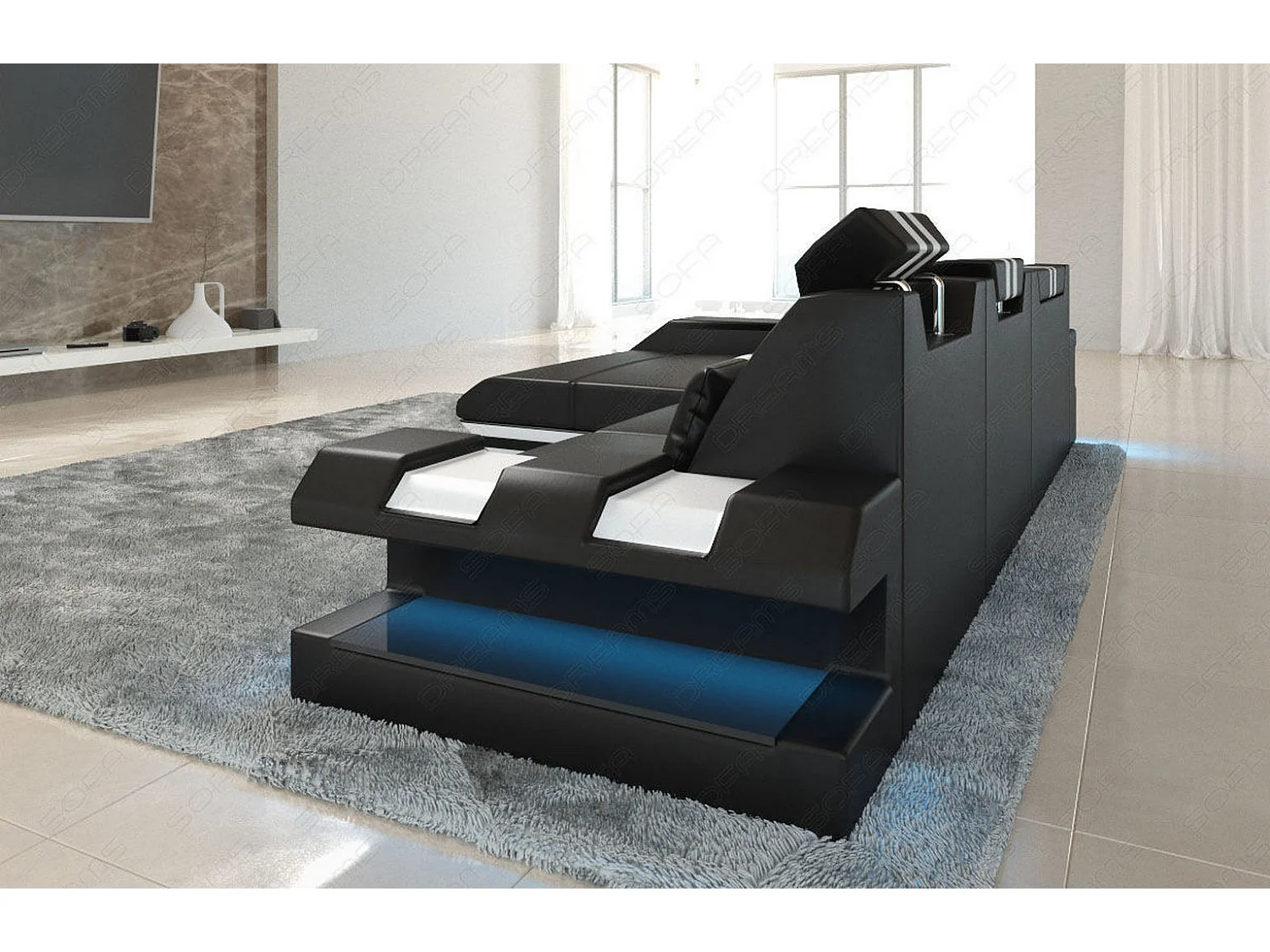 Leder Ecksofa Apollonia L Form Ledermix Echt/Kunstleder Schwarz Weiß Links