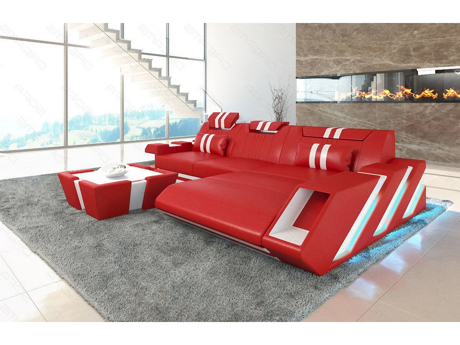 Leder Ecksofa Apollonia L Form Premium Kunstleder Rot Weiß Rechts