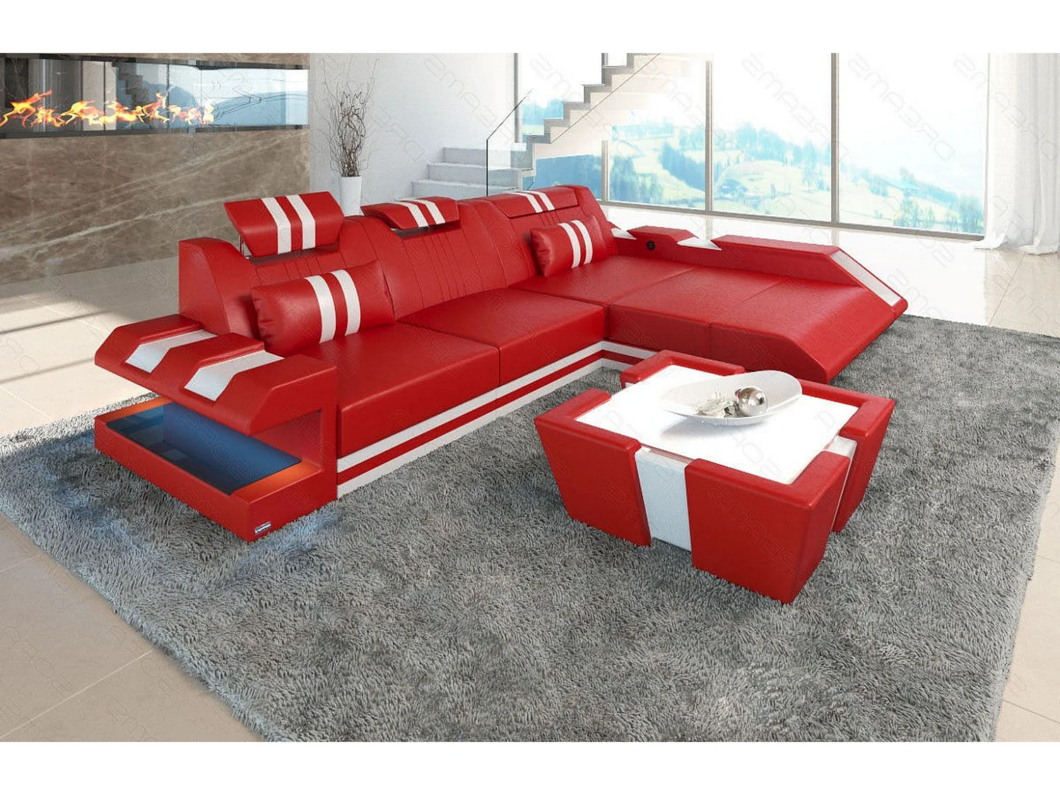 Leder Ecksofa Apollonia L Form Premium Kunstleder Rot Weiß Rechts