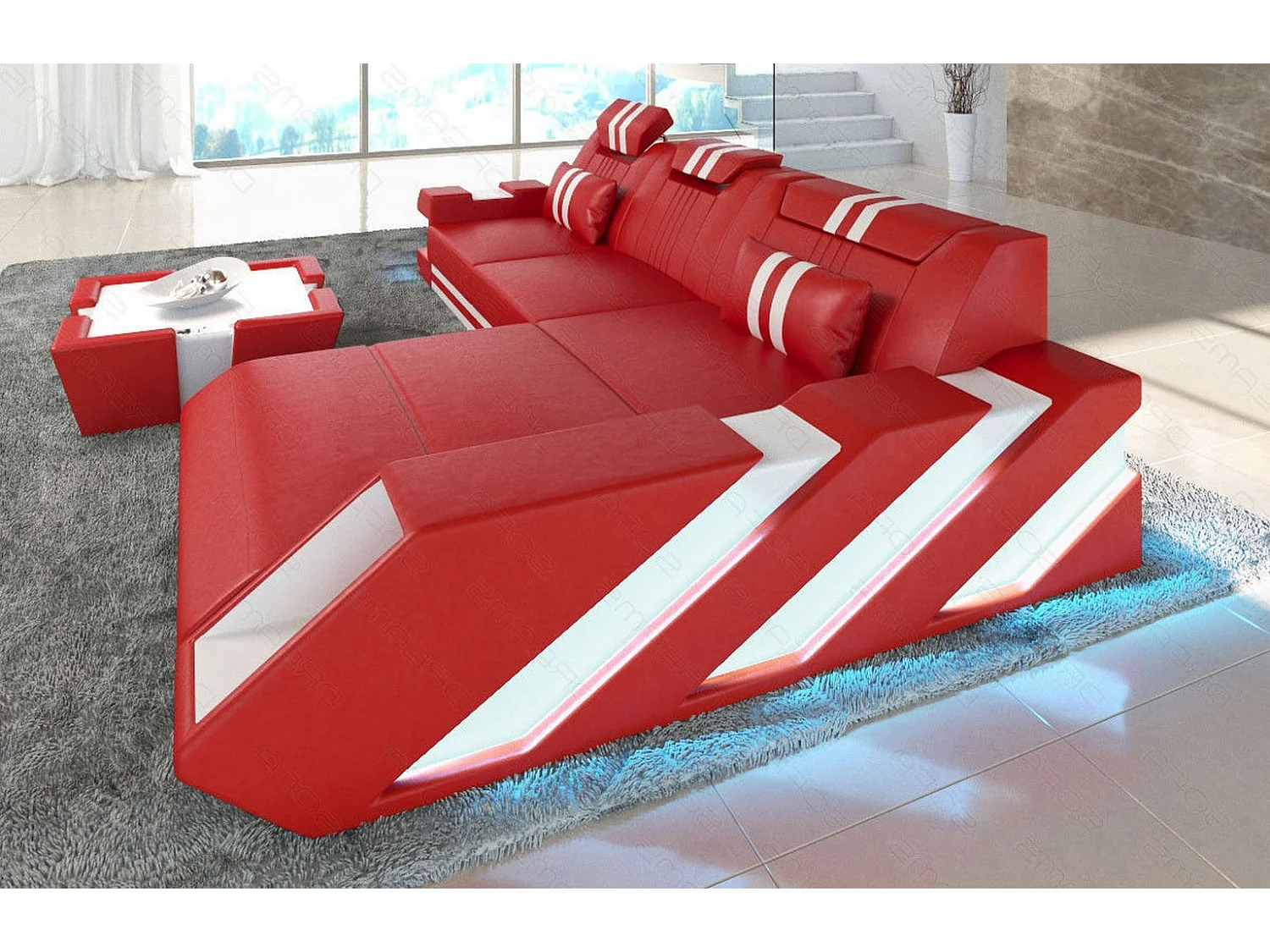 Leder Ecksofa Apollonia L Form Premium Kunstleder Rot Weiß Rechts
