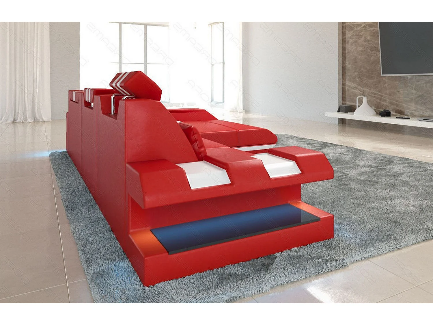 Leder Ecksofa Apollonia L Form Premium Kunstleder Rot Weiß Rechts